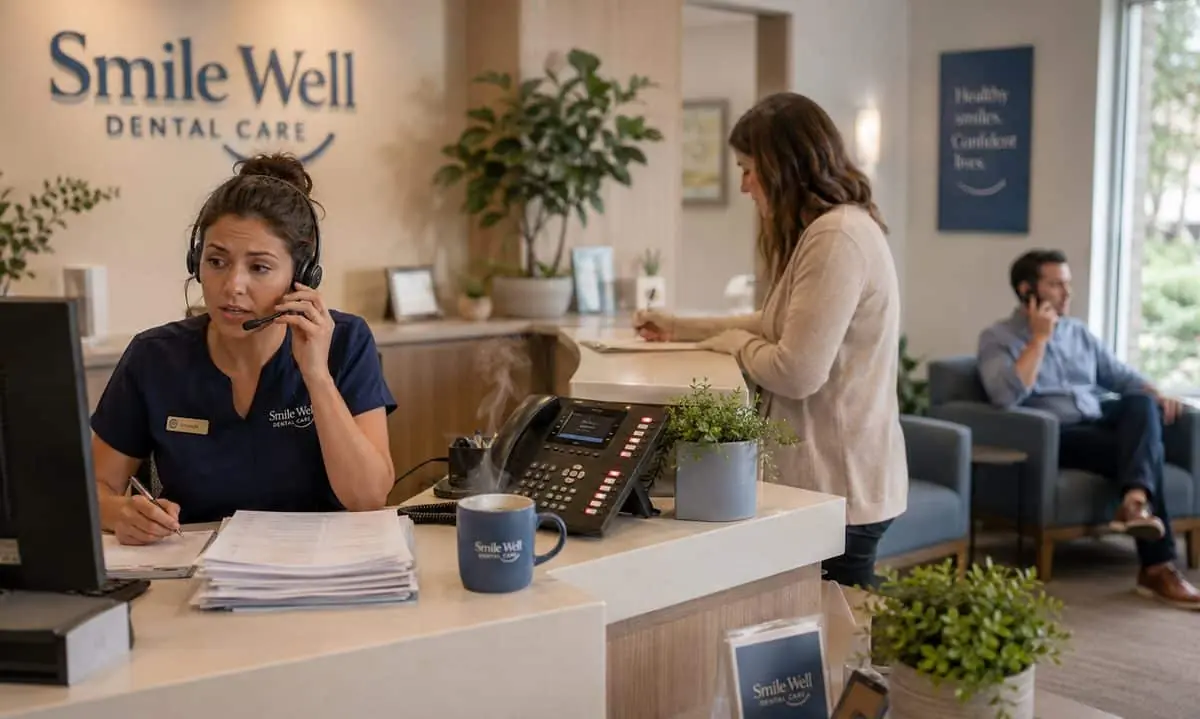 Receptionist juggling three ringing lines while a patient signs in