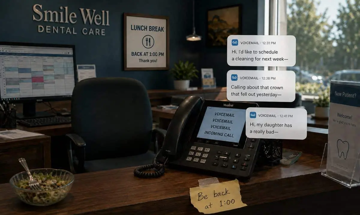 Empty reception desk at lunch with a phone ringing alone