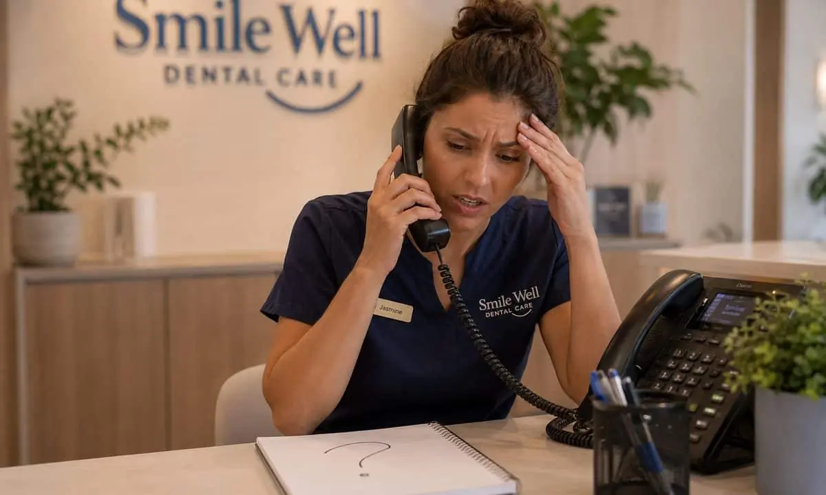 Receptionist mid-call, struggling to communicate with a non-English-speaking caller