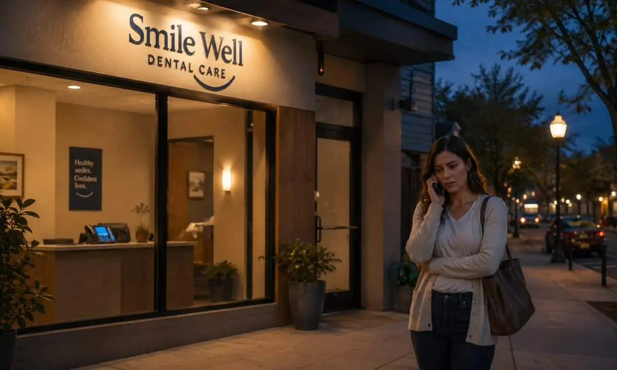 Dental clinic at dusk, empty inside, a prospective patient on her phone on the sidewalk