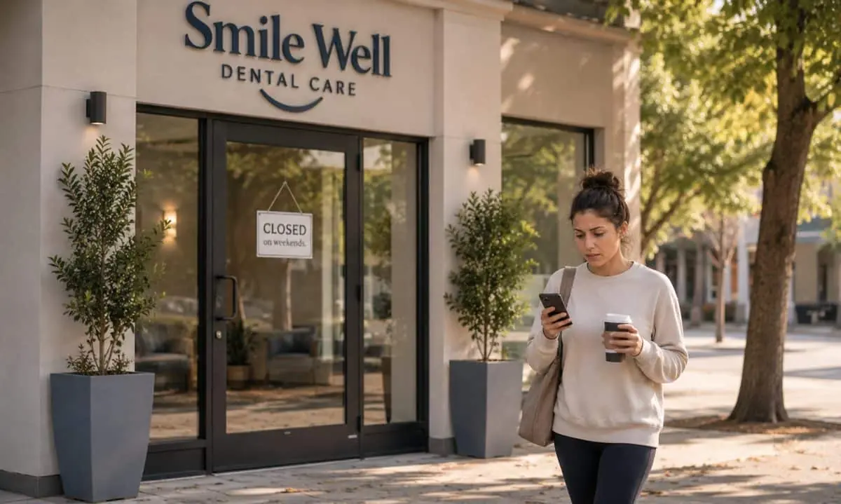 A would-be patient walking away from the closed weekend door of the dental clinic