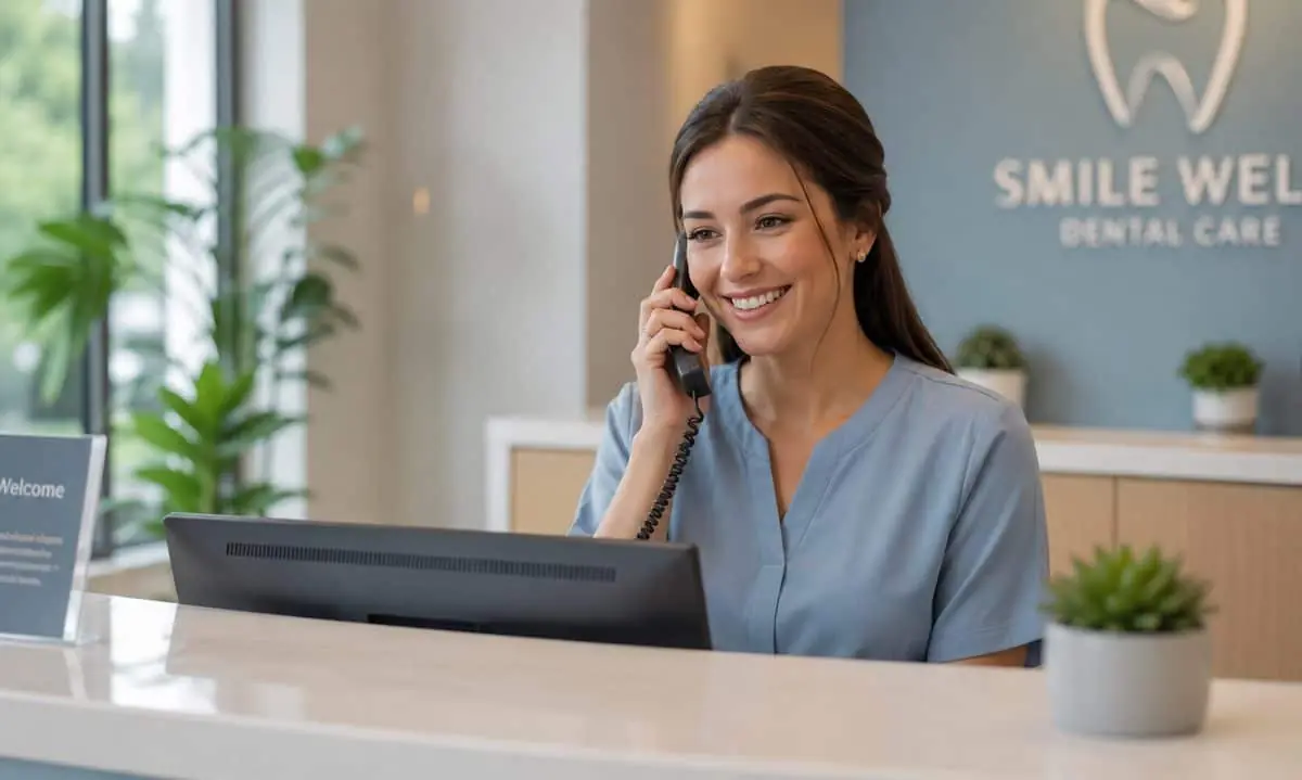 A friendly clinic receptionist smiling and answering a phone call