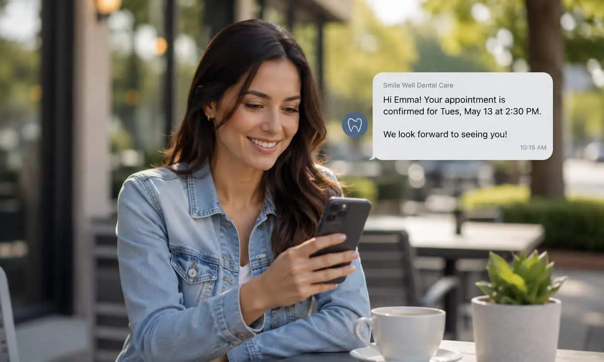 A patient smiling at their phone reading an SMS appointment confirmation